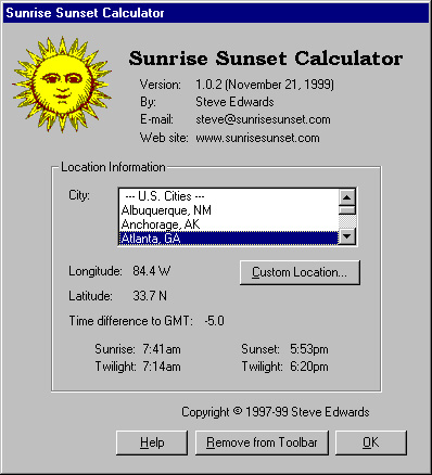 Screen-shot of Sunrise Sunset Calculator